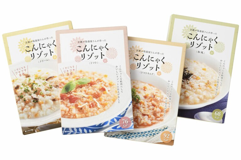 こんにゃくリゾット　クリーム、トマト、和風、トマトキムチ 各450円／尾﨑食品