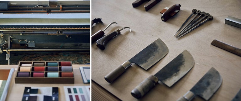 工房の作業台には色とりどりの畳縁見本や使い込まれた道具が整然と並ぶ。