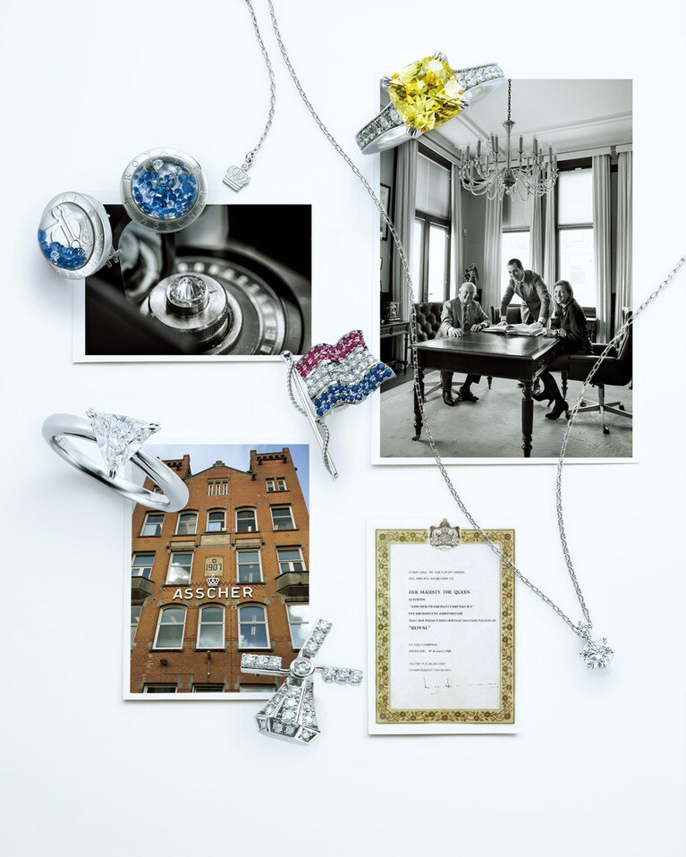 〈写真〉右上から時計回りに：会長エドワードと社長マイク、NY支社長でもあるリタ。家族の絆は強い©Yoshihito Sasaguchi／1980年、オランダ王室から“ロイ ヤル”の称号を授与された。現マキシマ王妃の婚約指輪も同社のもの／アムステルダム本社屋。眼前には“ダイヤモンド通り”が延びる／ダイヤモンドカットと研磨の第一人者として君臨。
〈ジュエリー〉上から時計回りに：ネックレスのクラウンチャームの裏側には刻印を施すことも可能。記念日や名前を刻んでみては？ ネックレス(PT×DIA0.17ct〜) 281,600円〜、ロイヤル・アッシャー クッションカットのリング(PT×DIA×センターイエローDIA3.25ct) 25,300,000円、オランダ国旗のブローチ(PT×DIA×ルビー×サファイア) 1,320,000円、風車のブローチ(PT×DIA) 550,000円、「スターズ」ピアス(WG×DIA×ブルーサファイア) 1,100,000円、トリリアントカットのリング(PT×センターDIA1.07ct) 3,190,000円／すべてロイヤル・アッシャー(ロイヤル・アッシャー・オブ・ジャパン)。