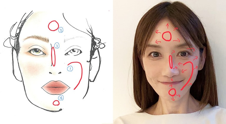 「つ」を描いたらブラシで伸ばし、②～④にも伸ばしていく。