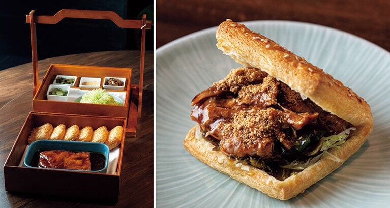 「外國和尚會唸經」。台湾ハンバーガーを進化させ、デニッシュに角煮や揚げきのこ、高菜などを挟んで仕上げる。977元。