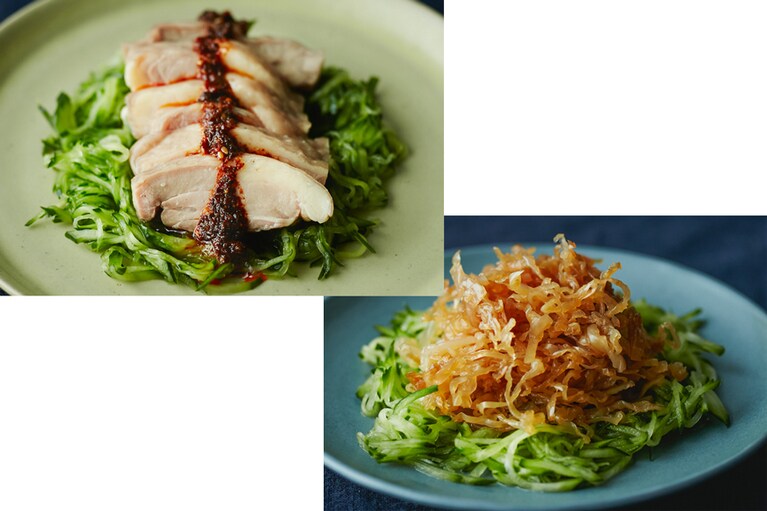 左：ホロホロ鳥のよだれ鶏、右：クラゲのマリネ