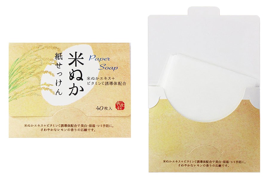 【京都の文具メーカーの紙せっけん】米ぬかエキスとビタミンC誘導体を配合。ほんのりレモンの香りがさわやか。米ぬか 紙せっけん 40枚入 300円／表現社