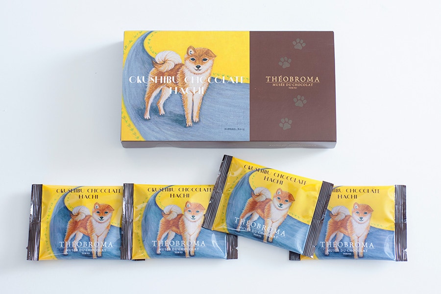 テオブロマの「奥渋チョコレート ハチ」4個入 980円。イラストは、画家の樋上公美子さんの「飼い主を待つハチ公」。お取り寄せもできるようです。