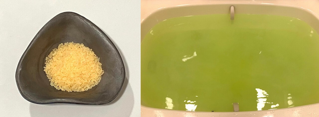 オレンジイエローのソルトが、溶かすとミルキーグリーンの濁り湯に。複合的なハーブの香りに癒される。