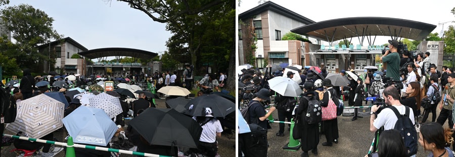 9月28日（土）に上野動物園・弁天門前で開園を待つ人たち。すぐに来園者でいっぱいになったので、不忍池沿いにも長い行列ができた。海外の報道機関も多数取材。（筆者撮影）