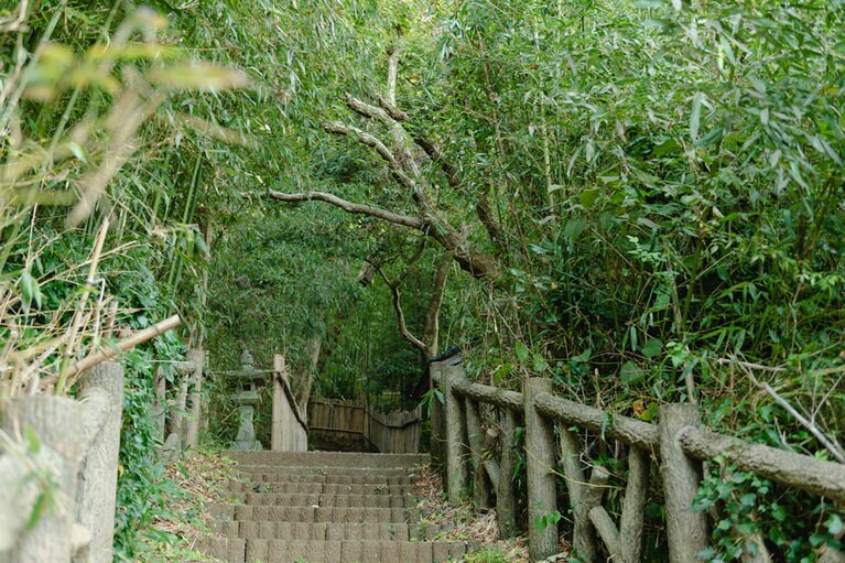 階段の上に岩屋山石窟があります。朝の澄んだ空気が気持ちいい。