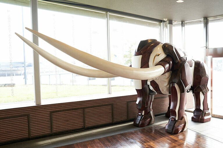 2009年の開業時から常設されている象の鼻テラスのシンボル、「時をかける象(ペリー)」は、全長6m、高さ2m60cm、足のサイズ72cm。