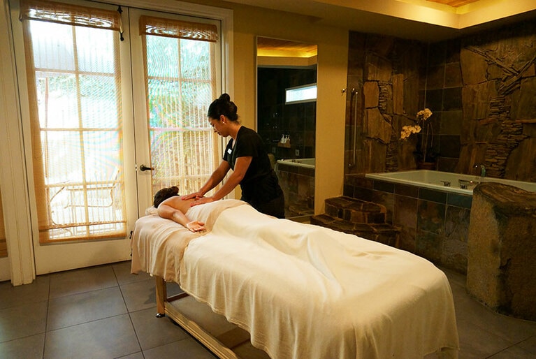 バスタブ付きのトリートメントルーム。石や木などの自然素材を使った癒しのインテリアだ。