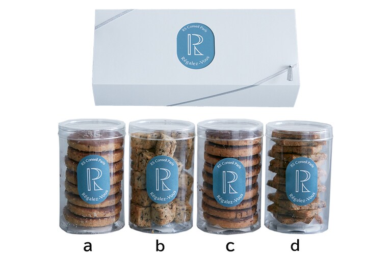 a：ビスキュイ・レンヌ、b：オリーブと胡桃のサブレ、c：ビスキュイ・バロン、d：玄米サブレ／Régalez-Vous(レガレヴ)