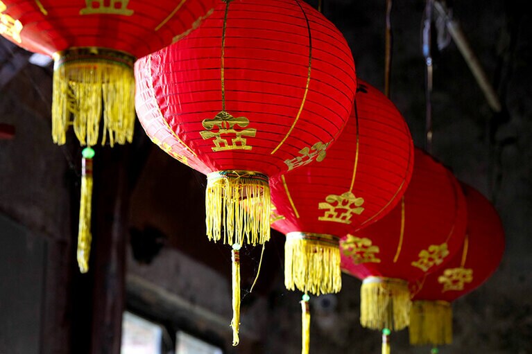 提灯で華やかに彩られている。