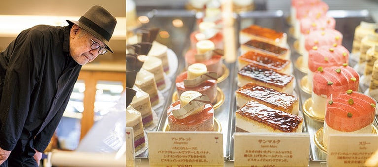 左：神戸の元町、海岸通にあるフランス菓子店「パティスリー モンプリュ」にて。どれにしようか迷う松本さん。イートインもあるので開店前から行列が。右：オーナーシェフ林 周平さんのケーキは正統派フランス菓子。焼き菓子はギフト用に人気。