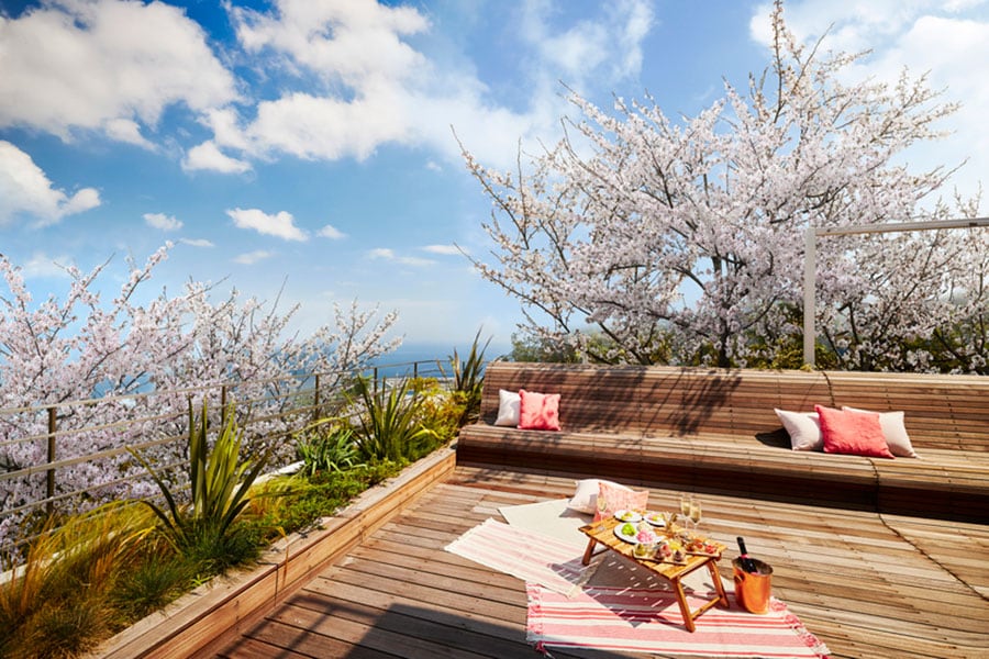 「海と桜のプライベートお花見ステイ」は、2021年4月5日(月)までの期間限定宿泊プラン。同ホテルで最も桜がきれいに見える客室「テラスリビングコーナー」の広々としたテラスにピンク色のクッションやラグが用意され、贅沢なお花見が満喫できる。