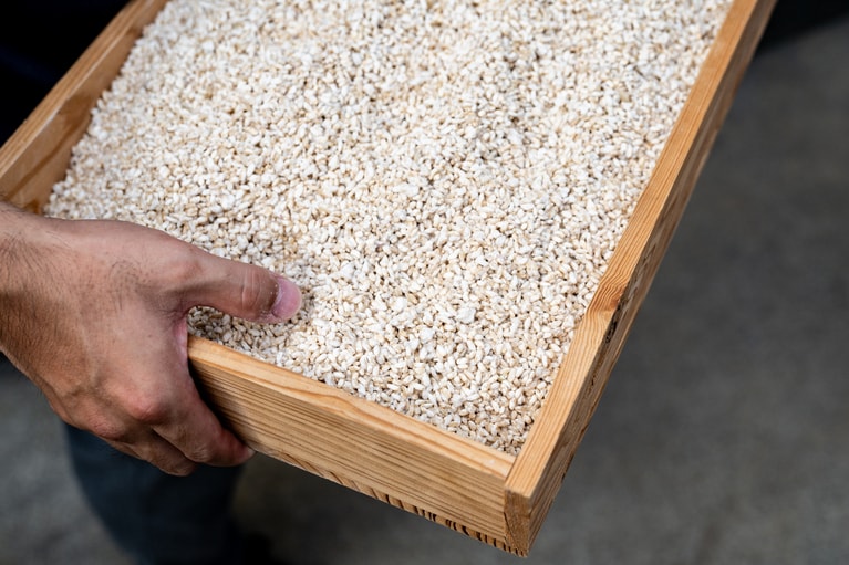 「かすみくろ酢」の仕込みの様子。