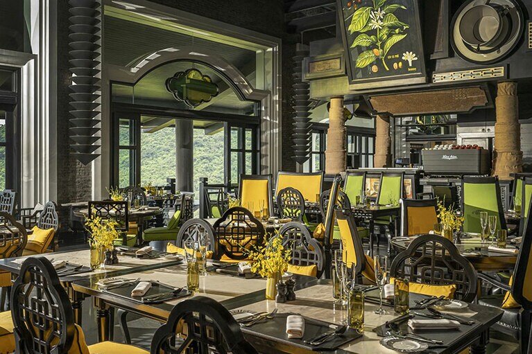 明るく開放的な店内。天井に大胆に描かれているのは、ソンチャ半島在来種の鳥の姿。