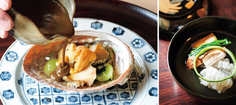 左：肝ソースをかけて仕上げる鮑と雲丹とシャインマスカット。器は加賀ゆかりの作家・藤澤重夫の藍九谷。右：鱧の葛打ちや蟹真丈など、漆黒の輪島塗に白身の美しさが際立つ椀物。