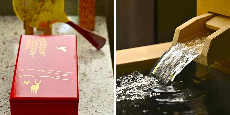 〈左〉奈良の風景をモチーフにした客室の上品な調度品。〈右〉天然の温泉水にゆったりと浸かって、日常の疲れを洗い流したい。