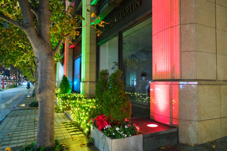 クリスマスカラーのライトアップ。