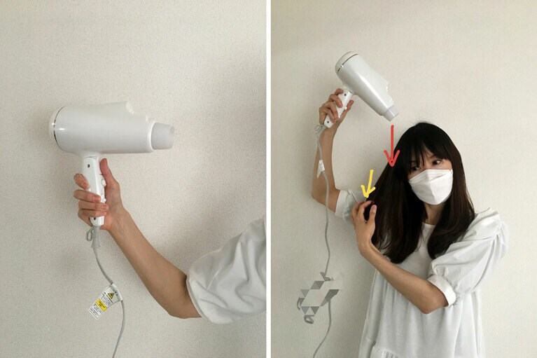 近過ぎて腕が疲れるものの、かろうじて上から風をあてることができていました。