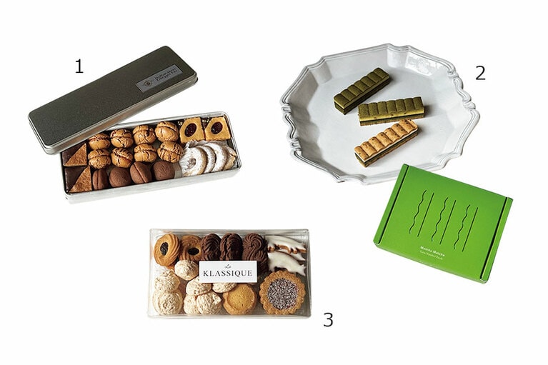 1：「ホーフベッカライ エーデッガー・タックス」の「テーゲベック」は、ヘーゼルナッツメレンゲにアンズジャムを挟んだ「シシーブッセル」を含む5種入り。 2：屋根瓦をイメージした「RAU」の「Nami-Nami」はクリームやチョコをサブレでサンド。「Matcha Matcha」は、小豆やユズ、ゴマが抹茶と調和。 3：「La Klassique」の「クッキー詰め合わせ」は、サブレ・ジャンドゥジャや子ぶたのレモンクッキーなど6種。