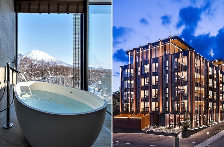 〈写真左〉客室には、ビューバスを備えたタイプも。〈写真右〉エントランスは白樺の森をモチーフにするなど、環境に溶け込む建築デザイン。