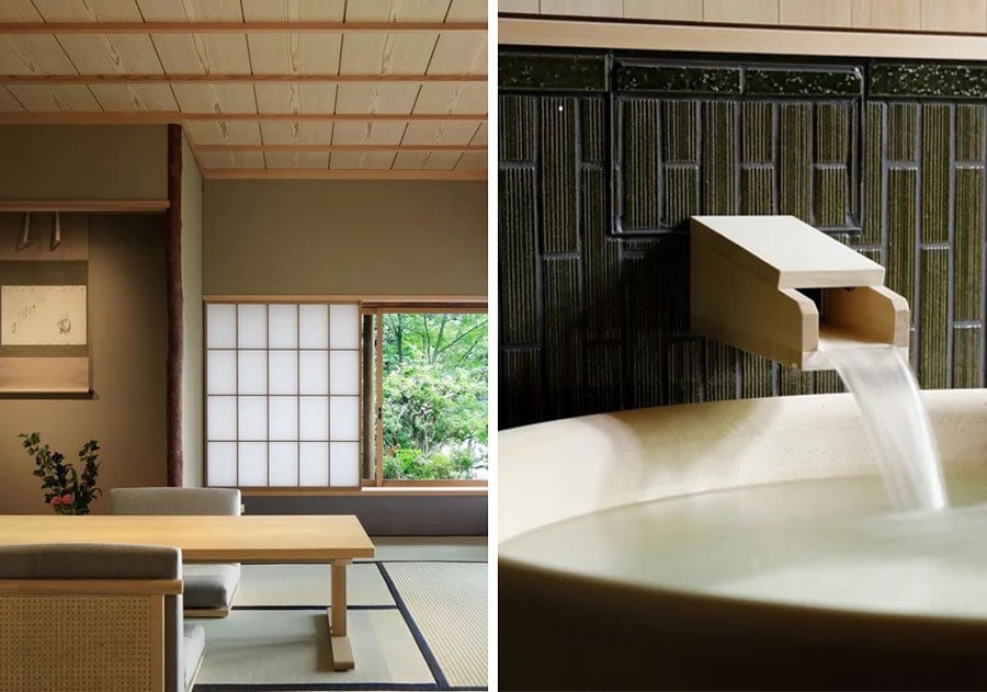 左：建築家・村野藤吾氏が手がけた数寄屋風別館「佳水園」。日本の美意識が凝縮した空間が見事。 
右：2020年にリニューアルされた「佳水園」の客室には温泉風呂が。