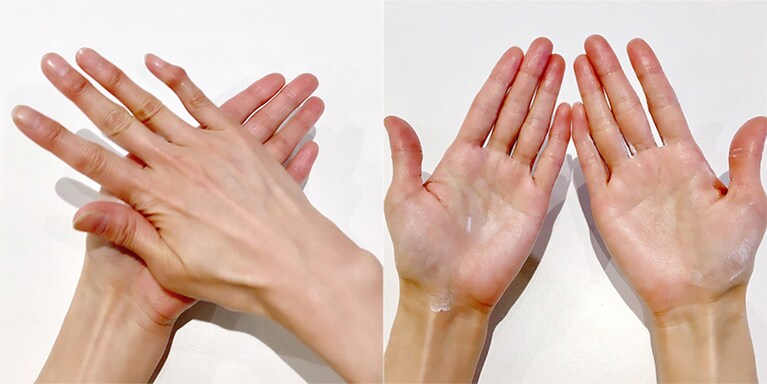 両手のひらを合わせて、クリームをしっかりと行き渡らせてから、「塗る」！