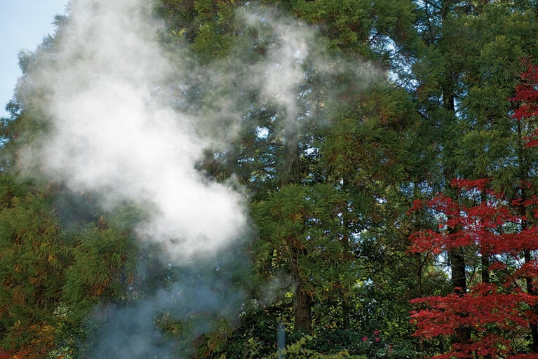 【大正屋】自家源泉から立ち上る湯煙。ナトリウムを多く含む美肌の湯が敷地内からこんこんと湧く。Photo: Hiroshi Mizusaki