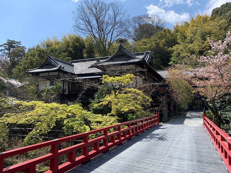 朱色の手すりの先に旧館の美しい屋根が見える。橋を渡りながらわくわくしてきた。