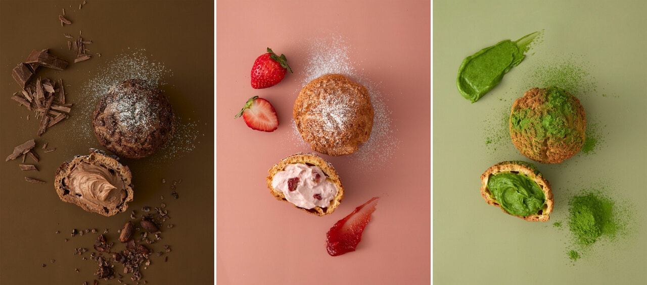 左：ドゥーブル ショコラ572円、中：いちご 561円、右：MATCHA 各572円。