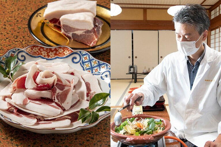 〈写真左〉「ぼたん鍋」 6,600円～。〈写真右〉3代目を受け継ぐ島田恭宏さん。