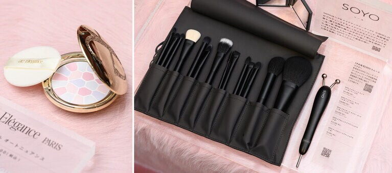 写真左：小田切さんのおすすめは「エレガンス ラ プードル オートニュアンス リクスィーズ Ⅷ」。写真右：小田切さんがプロデュースする「SOYO エクセレンス セット（14本＋ケース付）」と、予約販売中の「SOYO スムース リフター」。