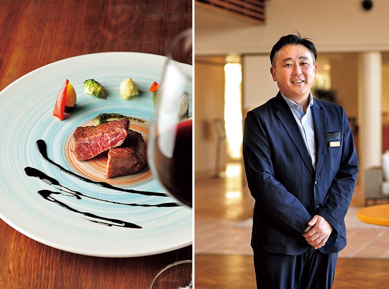 左：「黒毛和牛 大島地野菜 赤ワインソース」。右：外資系高級ホテルでの経験も豊富な野村歩総支配人。洗練されたおもてなしに磨きがかかります。