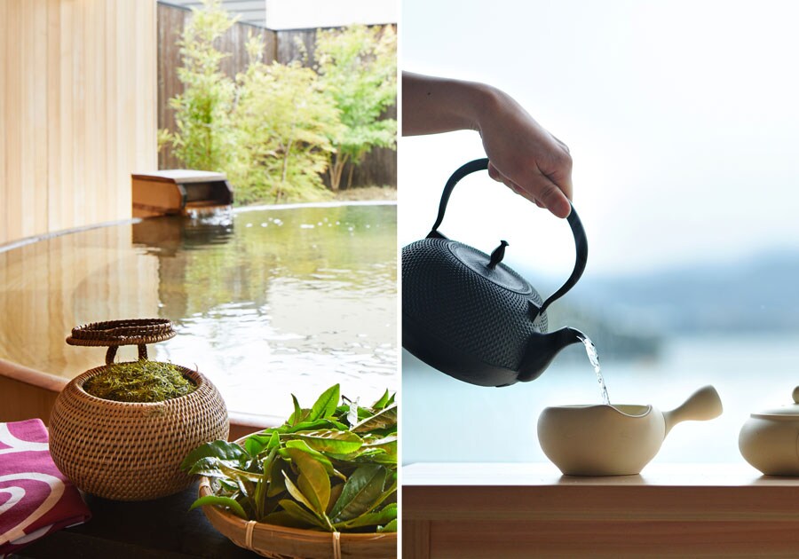 左：お茶玉が浮かんだ露天風呂「華の湯」。 
右：お茶をテーマにした「ご当地楽」など、楽しい体験も豊富。