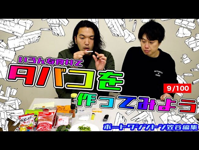 「【タバコを作ってみよう！】色んな食材を使って手作りでやってみました！※ポートワシントン笠谷編集＜9/100＞」(https://www.youtube.com/watch?v=9TQziUQVgVw)より。