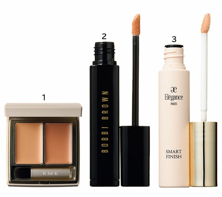 1：フローレスカバーコンシーラー SPF26・PA++ 全5色 5,060円(2色＋ケースのセット価格)／RMK Division 
2：インテンシブ セラム コンシーラー 全10色 5,720円／ボビイ ブラウン 
3：スマートフィニッシュ SPF18・PA++ 全3色 3,850円／エレガンス コスメティックス