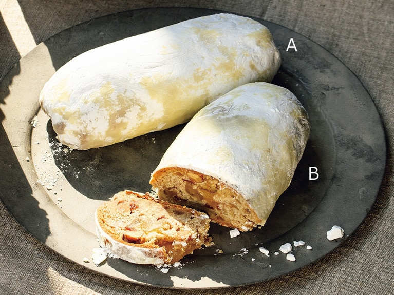 A：サブレのようにホロリとした食感が特徴のベーシックでスパイシーなシュトレン。プレーン 2,300円。B：コーディアルシロップと柚子が爽やかに香る。コーディアル柚子 2,850円／Think