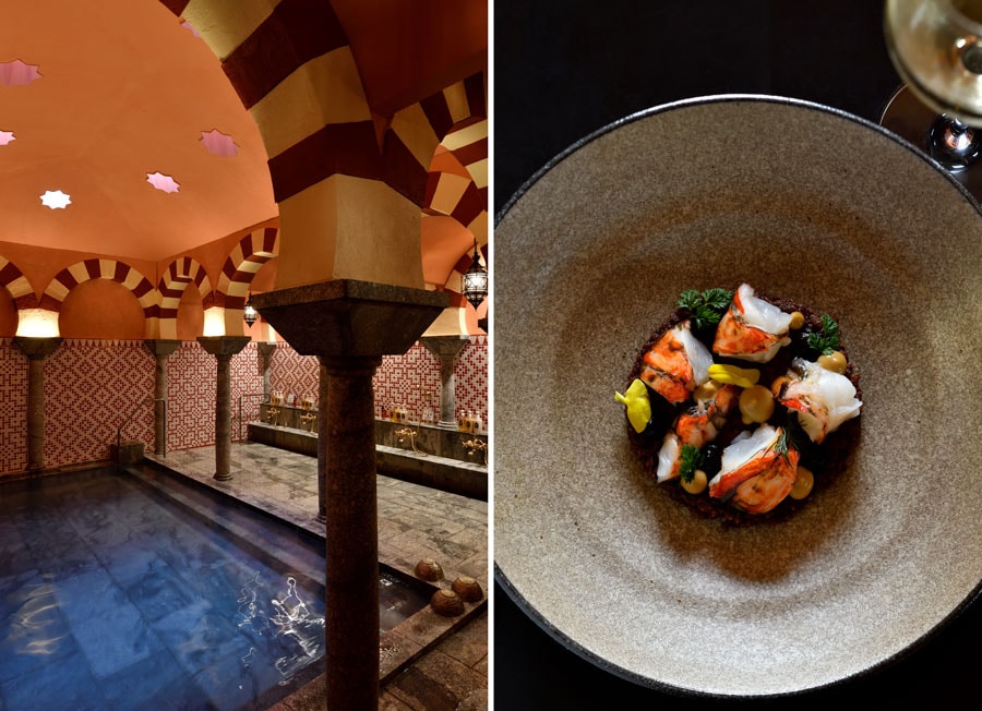 左：アルハンブラ宮殿をイメージした天然温泉。 
右：レストラン「リアス・バイ・ココチャ」で味わえる新バスク料理。