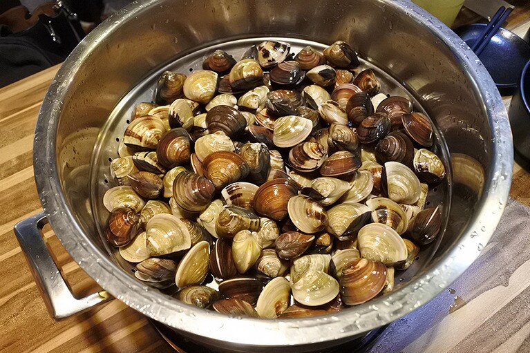 鍋にぎっしり入った新鮮なハマグリ。