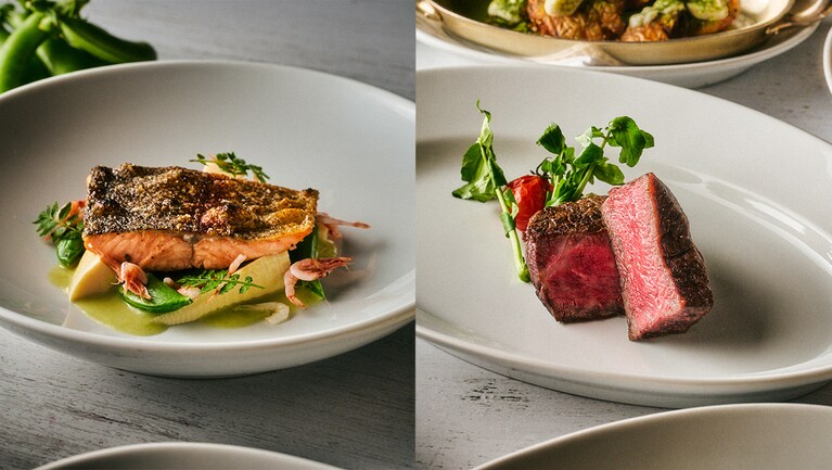 左：駿河湾産桜えびと山椒の若葉で香り豊かに仕上げたニジマスの魚料理。 右：宮崎県産の希少な和牛熟成肉のステーキ。
