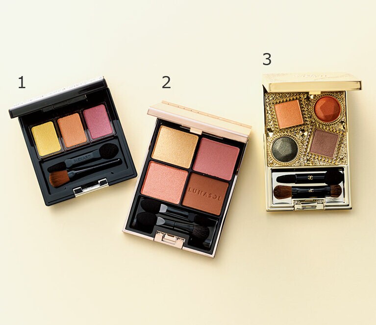 1：ジュピエル アイカラーコンパクト 20 5,000円／メナード、2：ルナソル アイカラーレーション 11 6,200円／カネボウ化粧品、3：ヌーヴェル アイズ 30 5,500円／エレガンス コスメティックス(4/18発売)