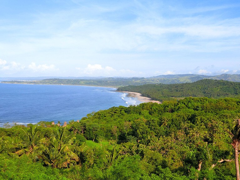 約2.5キロにもおよぶプライベートビーチに面した緑のなかに、ヴィラやレストラン、ボートハウスが点在する。