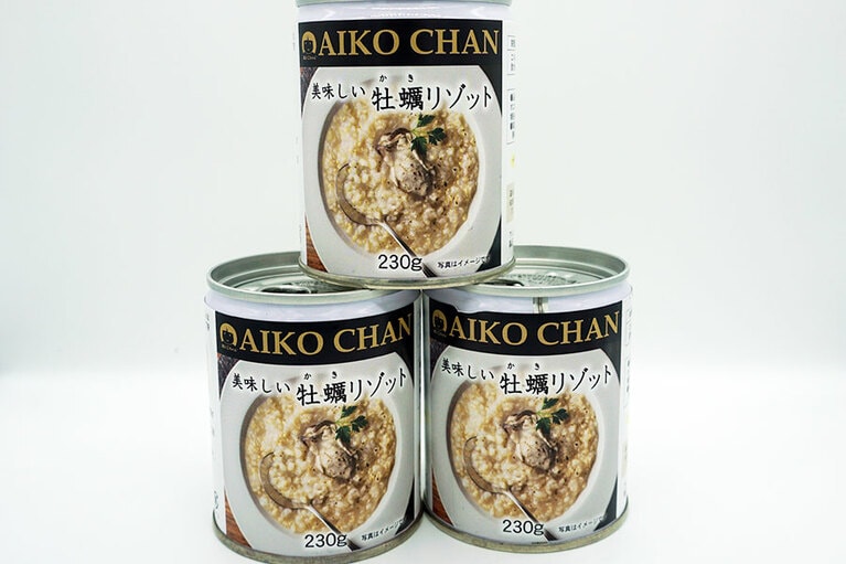 美味しい牡蠣リゾット 230g×12缶 3,745円。ブランドマークの小さな女の子は「あいこちゃん」。お子様にも美味しく召し上がってもらいたいというコンセプトだそうです。