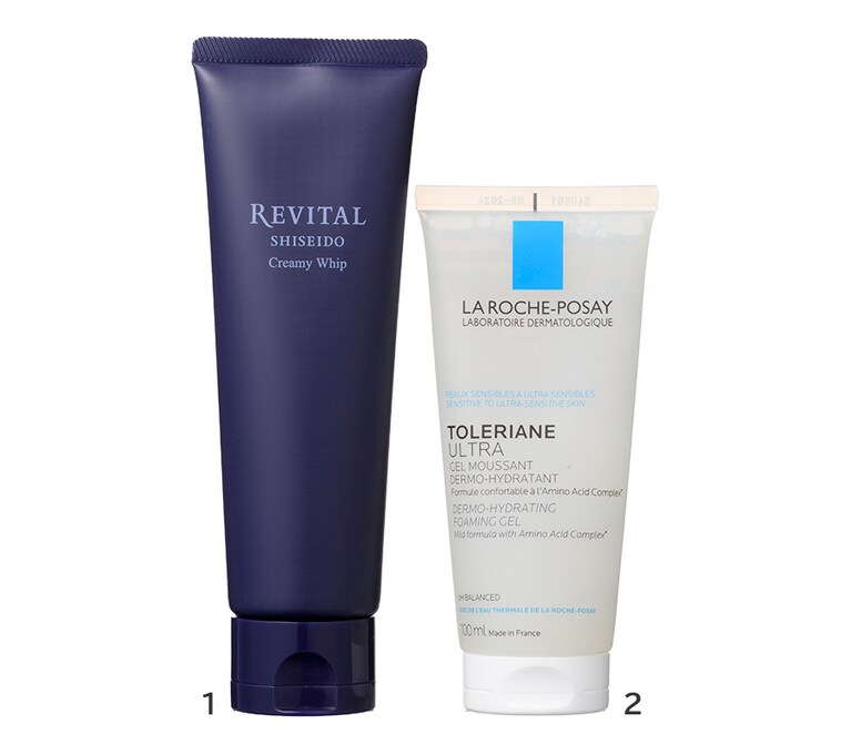 1：リバイタル クリーミーホイップ 125g 3,850円(編集部調べ)／資生堂 
2：トレリアン ハイドレーティング ジェルクレンザー 100mL 1,980円／ラ ロッシュ ポゼ