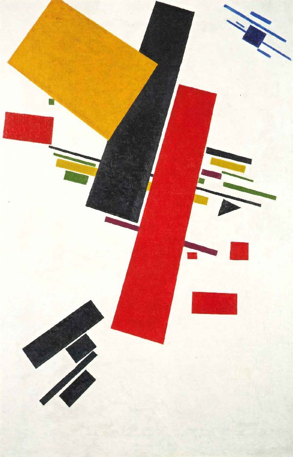 画面中央右寄りの小さな三角形は、元は赤だったが黒く塗り直された。結果、左上と左下の黒い長方形たちとの連関が生まれた。 カジミール・マレーヴィチ「スプレムス38番」　1916年　油彩・カンヴァス　ルートヴィヒ美術館蔵