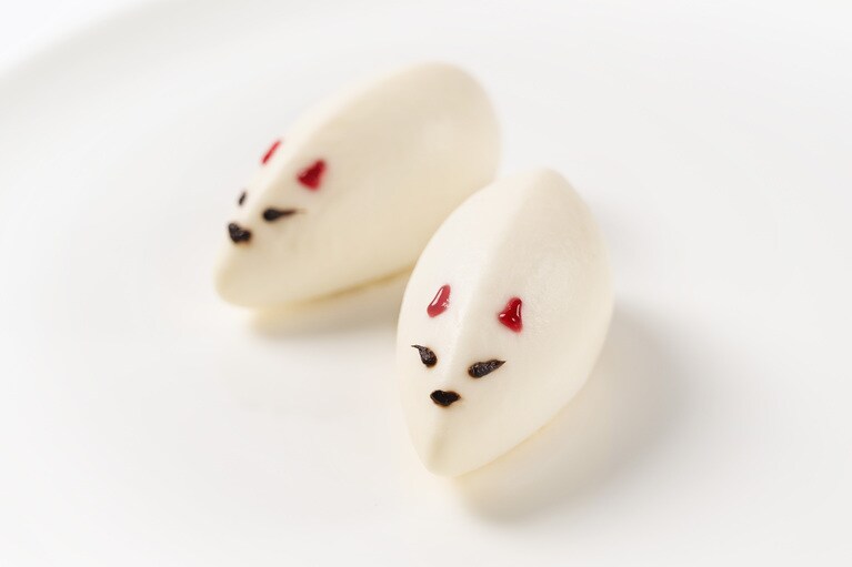 「源九郎狐甘酒のチーズケーキ」。『義経千本桜』に登場する狐（きつね）をイメージした、かわいらしいレアチーズケーキ。ノンアルコールの麹甘酒を使用し、中にはフランボワーズのジュレが。©SHOCHIKU