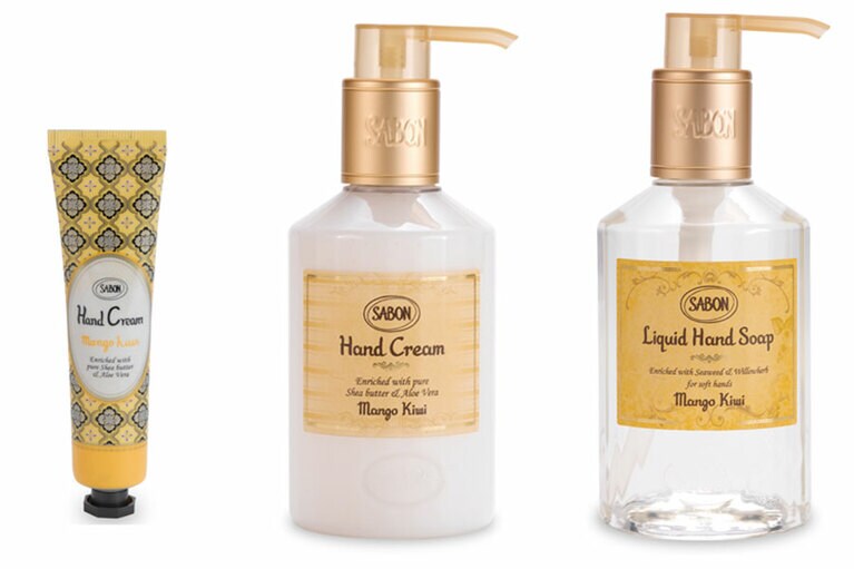 左から：ハンドクリーム マンゴー・キウイ 30ml 1,400円、同 200ml 2,300円、ハンドソープ マンゴー・キウイ 200ml 2,000円。