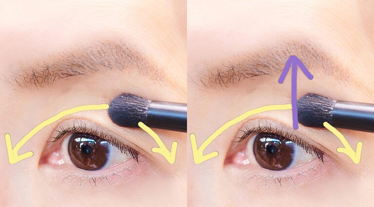 ブラシは「目頭⇔目尻」という具合に左右に移動させながら、目のキワから眉に向かって上に向かい、自然にぼかすようにする。