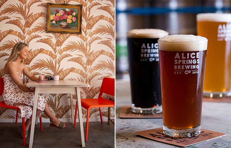 〈左〉コーヒーも料理もこだわりいっぱいの「PAGE 27 CAFE」。Photo：Tourim NT／Christopher Nayma
〈右〉「Alice Springs Brewing Co」のクラフトビールで乾杯！ Photo：Tourim NT