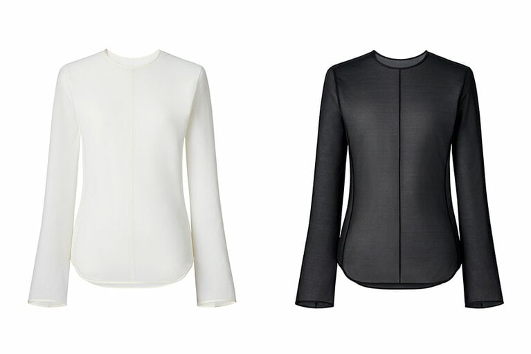 シアークルーネックT（長袖） 1,990円。左から、01 OFF WHITE、09 BLACK。